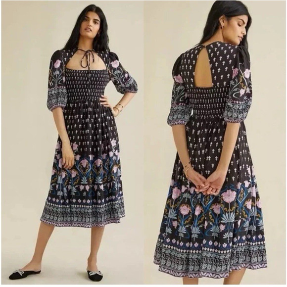 Anthropologie Dresses & Skirts - NEW Anthropologie Smocked Black Floral Midi Dress Short Sleeve Size Small $180